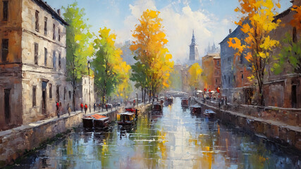 city and buildings, landscape oil painting, watercolor, oil painting for printing, painting on canvas, beautiful view