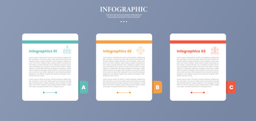 3 point stage or step infographic template with table box container white background and badge on footer side for slide presentation