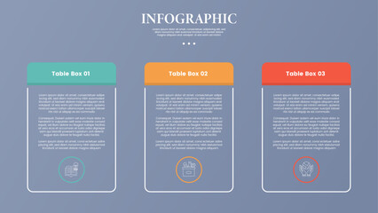 3 point stage or step infographic template with table box container with outline style for slide presentation