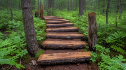 Rustic Log Steps Leading Through Forest