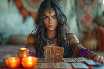 Beautiful young tanned Spanish brunette woman with long hair sits in ethnic clothing with decorations in room at table with candles and mystical tarot cards, metaphorical cards. White gypsy girl. Fate - obrazy, fototapety, plakaty
