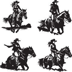 Cowgirl on Horse Vector Illustration Set - obrazy, fototapety, plakaty