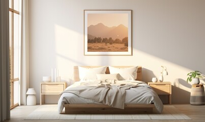 Fototapeta na wymiar A scene where the soft, ambient light of a cozy bedroom illuminates a tastefully decorated space, highlighting a thin, A4-sized frame mockup