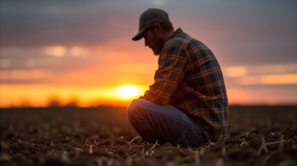 Farmer Inspecting Soil at Sunset in Open Field