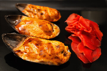 Spicy Mayo and Tobiko Topped Baked Mussels with Teriyaki