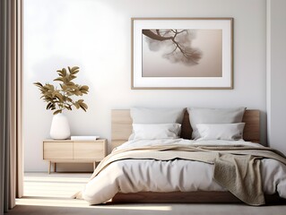 A scene where the soft, ambient light of a cozy bedroom illuminates a tastefully decorated space, highlighting a thin, A4-sized frame mockup