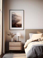A scene where the soft, ambient light of a cozy bedroom illuminates a tastefully decorated space, highlighting a thin, A4-sized frame mockup