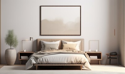 A scene where the soft, ambient light of a cozy bedroom illuminates a tastefully decorated space, highlighting a thin, A4-sized frame mockup