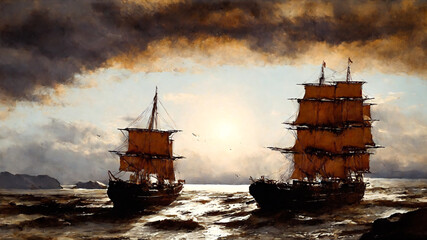 sea and old ships landscape oil painting, watercolor, oil painting for printing, painting on canvas, beautiful view
