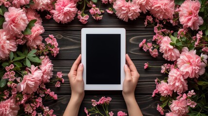 Person Holding Tablet in Front of Pink Flowers