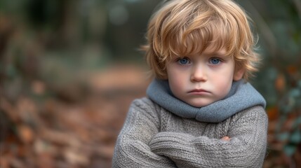 Pensive Young Boy in Sweater Outdoors at Dusk