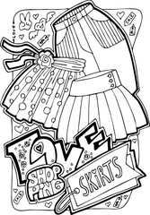 Shopping mall colouring book vector page for girls who buy clothes and cosmetic. Anti stress hobby. Glamourous lifestyle, summer sale promotion. Hand drawn illustration, cartoon style line drawing.