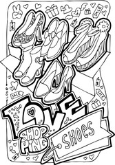 Shopping mall colouring book vector page for girls who buy clothes and cosmetic. Anti stress hobby. Glamourous lifestyle, summer sale promotion. Hand drawn illustration, cartoon style line drawing.