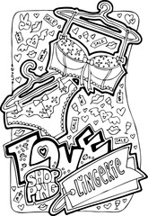 Shopping mall colouring book vector page for girls who buy clothes and cosmetic. Anti stress hobby. Glamourous lifestyle, summer sale promotion. Hand drawn illustration, cartoon style line drawing.