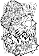 Shopping mall colouring book vector page for girls who buy clothes and cosmetic. Anti stress hobby. Glamourous lifestyle, summer sale promotion. Hand drawn illustration, cartoon style line drawing.