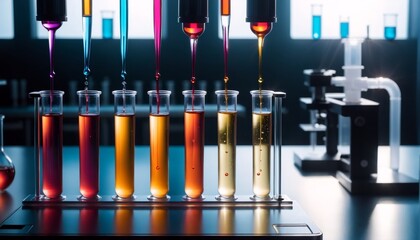 Test tubes filled with different colored liquids show chemical reactions with a wide variety of substances - obrazy, fototapety, plakaty