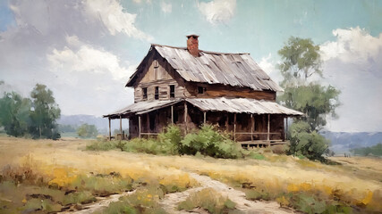 old wooden cottage landscape oil painting, watercolor, oil painting for printing, painting on canvas, beautiful view