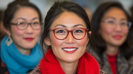 Smiling Woman With Red Glasses at Indoor Event