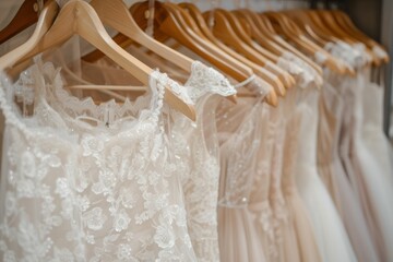 Close up Beautiful elegant luxury bridal dress on hangers. 