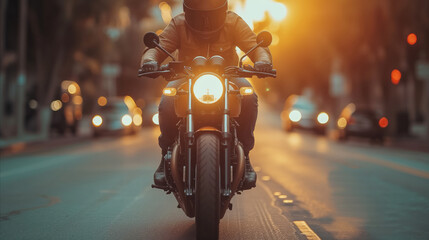 Motorcyclist Riding Down the City Street at Sunset
