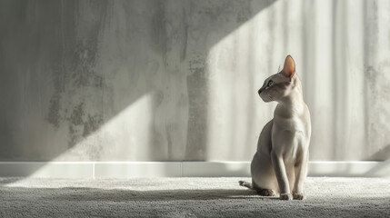 a beautiful smooth-haired domestic cat of the oriental breed sits on a carpet, a stylish light modern apartment, space for text, pet, feline, Scandinavian interior, sun, living room, apartment, cats