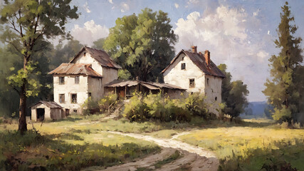 Fototapeta premium old wooden cottage landscape oil painting, watercolor, oil painting for printing, painting on canvas, beautiful view