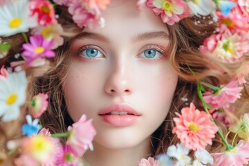 Young girl face surrounded with many colorful flower blooms.