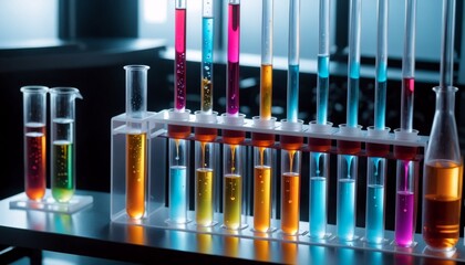 Test tubes filled with different colored liquids show chemical reactions with a wide variety of substances