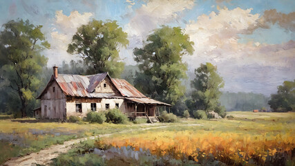old wooden cottage landscape oil painting, watercolor, oil painting for printing, painting on canvas, beautiful view