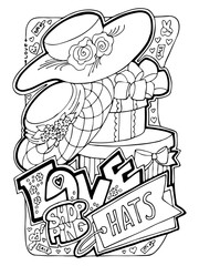 Shopping mall colouring book page for girls who likes to buy clothes and cosmetic. Anti stress hobby. Glamourous lifestyle, summer sale promotion. Hand drawn illustration, cartoon style line drawing.