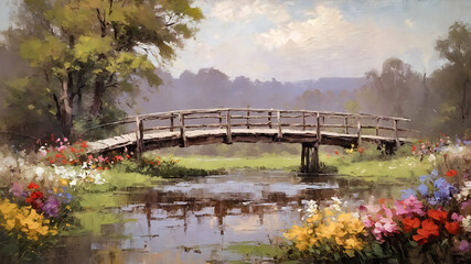 old wooden bridge over the river landscape oil painting, watercolor, oil painting for printing, painting on canvas, beautiful view