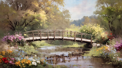 Fototapeta na wymiar old wooden bridge over the river landscape oil painting, watercolor, oil painting for printing, painting on canvas, beautiful view