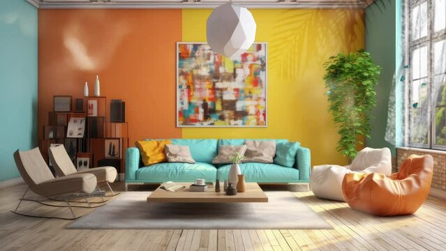 living room empty space with butterfly animation. seamless looping time-lapse virtual video animation background.seamless looping time-lapse virtual video animation background