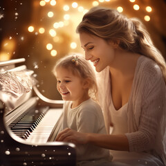 mother teaches her daughter to play the piano
