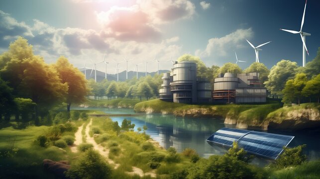 A tranquil landscape showing a beautiful green environment and the use of various clean renewable energy.  In the background, an old destroyed factory.