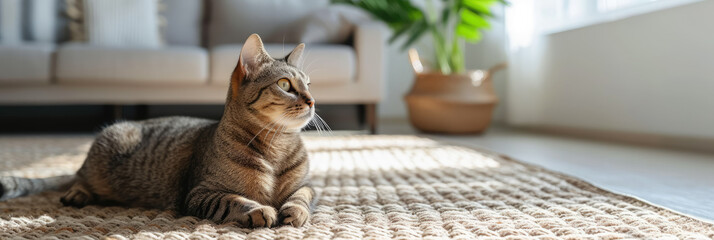 a beautiful smooth-haired domestic cat of the oriental breed sits on a carpet, a stylish light modern apartment, space for text, pet, feline, Scandinavian interior, sun, living room, apartment, cats - obrazy, fototapety, plakaty