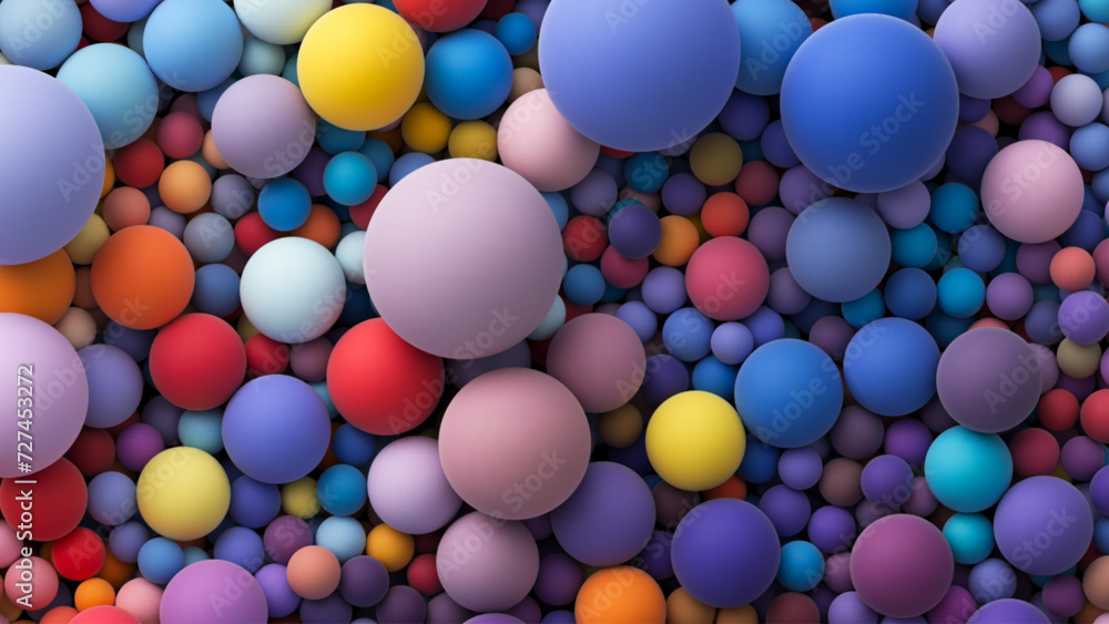 Poster colorful matte soft balls in different sizes. background with many colored big and small random sphe