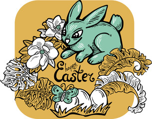 Easter bunny with basket, eggs, flowers, butterfly. Decorative vector design composition for poster print, greeting card, kids party invitation. Hand drawn illustration. Vintage cartoon style drawing.