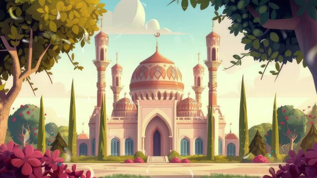 Islamic Splendor A Dynamic Animation Showcasing the Architectural Majesty of a Beautiful Mosque Against a Picturesque Backdrop of Cartoon-Style Trees. looping video animation background