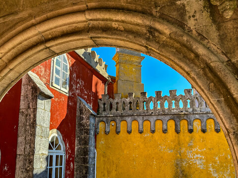 Sintra, Portugal - November 24th 2023: Red and yellow walls  of the National Palace of Pena