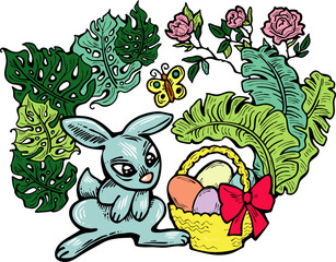 Easter bunny with basket, eggs, flowers, butterfly. Decorative vector design composition for poster print, greeting card, kids party invitation. Hand drawn illustration. Vintage cartoon style drawing.