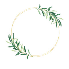 Golden circle frame, wreath with olive branches isolated on white background. For wedding stationery, invitations, save the date, greeting card, logos.