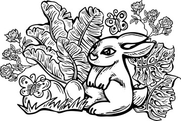 Easter bunny with basket, eggs, flowers, butterfly. Decorative vector design composition for poster print, greeting card, kids party invitation. Hand drawn illustration. Vintage cartoon style drawing.