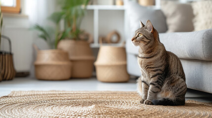 a beautiful smooth-haired domestic cat of the oriental breed sits on a carpet, a stylish light modern apartment, space for text, pet, feline, Scandinavian interior, sun, living room, apartment, cats