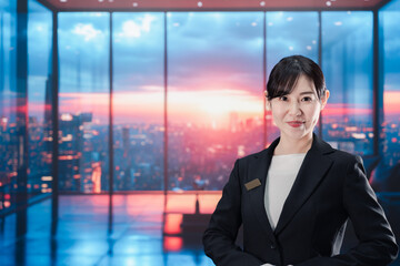 Fototapeta premium 都心の高級レジデンスを紹介する女性