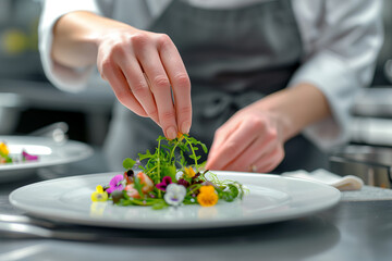 Chef's Precision, Gourmet Dish Garnishing with Edible Flowers and Microgreens