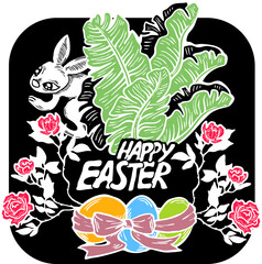 Easter bunny with basket, eggs, flowers, butterfly. Decorative vector design composition for poster print, greeting card, kids party invitation. Hand drawn illustration. Vintage cartoon style drawing.