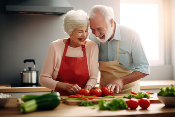Caucasian married senior mature couple cooking in the kitchen