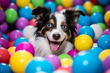 Fototapeta na wymiar Funny dog in a colorful balls pool