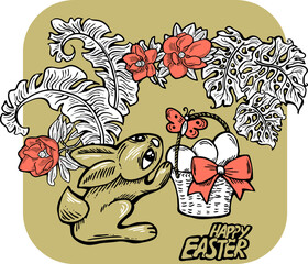 Easter bunny with basket, eggs, flowers, butterfly. Decorative vector design composition for poster print, greeting card, kids party invitation. Hand drawn illustration. Vintage cartoon style drawing.
